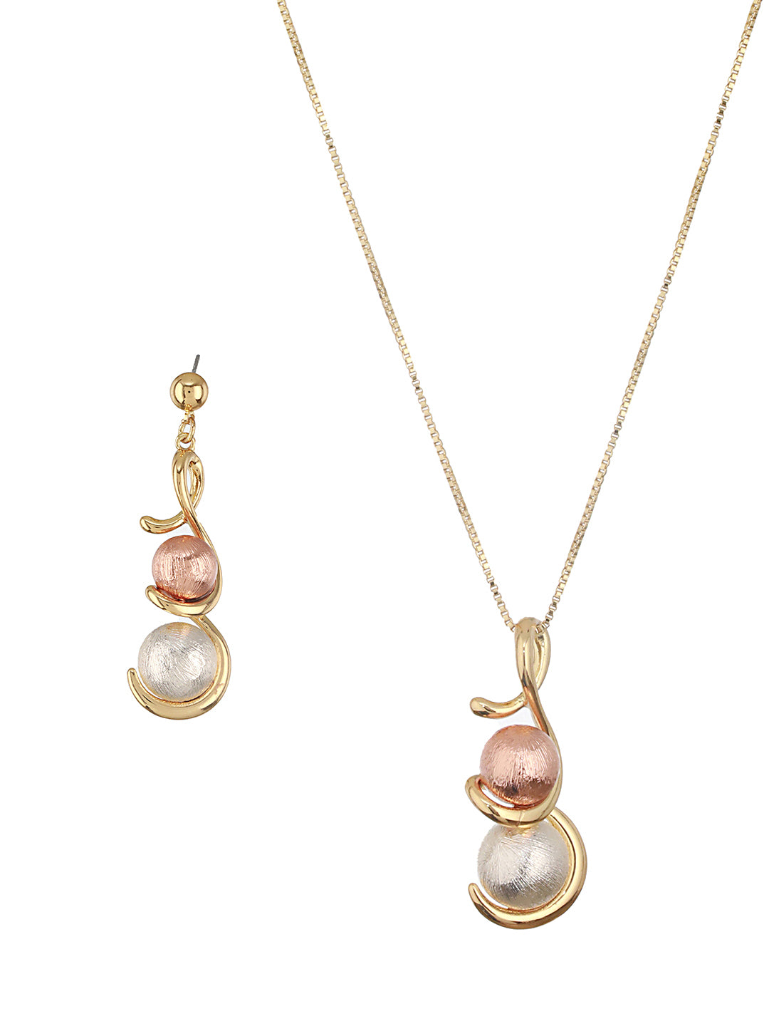 Anti-Tarnish Rose Gold & Silver Toned Twisted Ball Locket & Earrings Jewellery Set