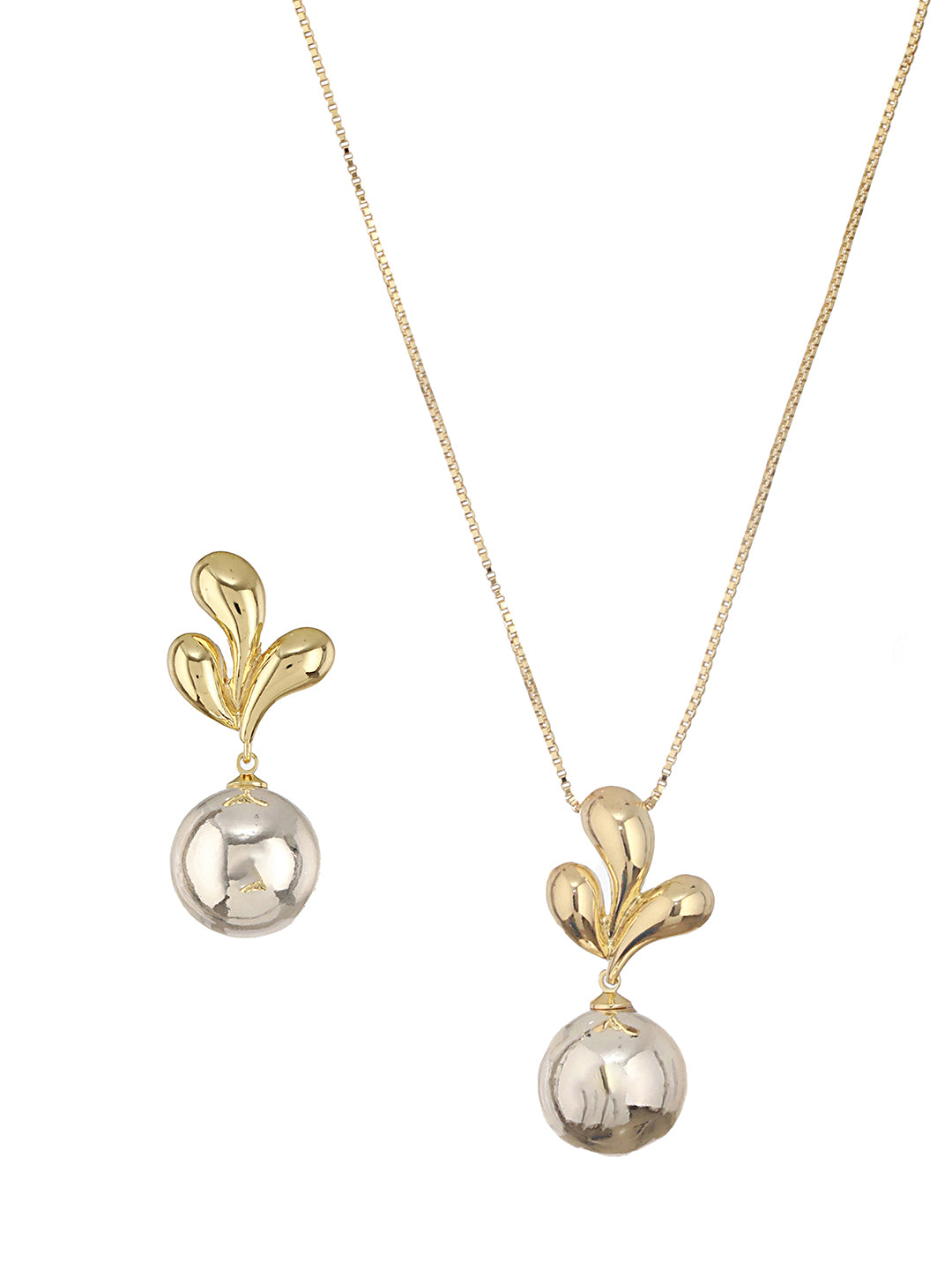 Anti-Tarnish Gold & Silver Plated Leafy Chunky Earrings & Locket Jewellery Set