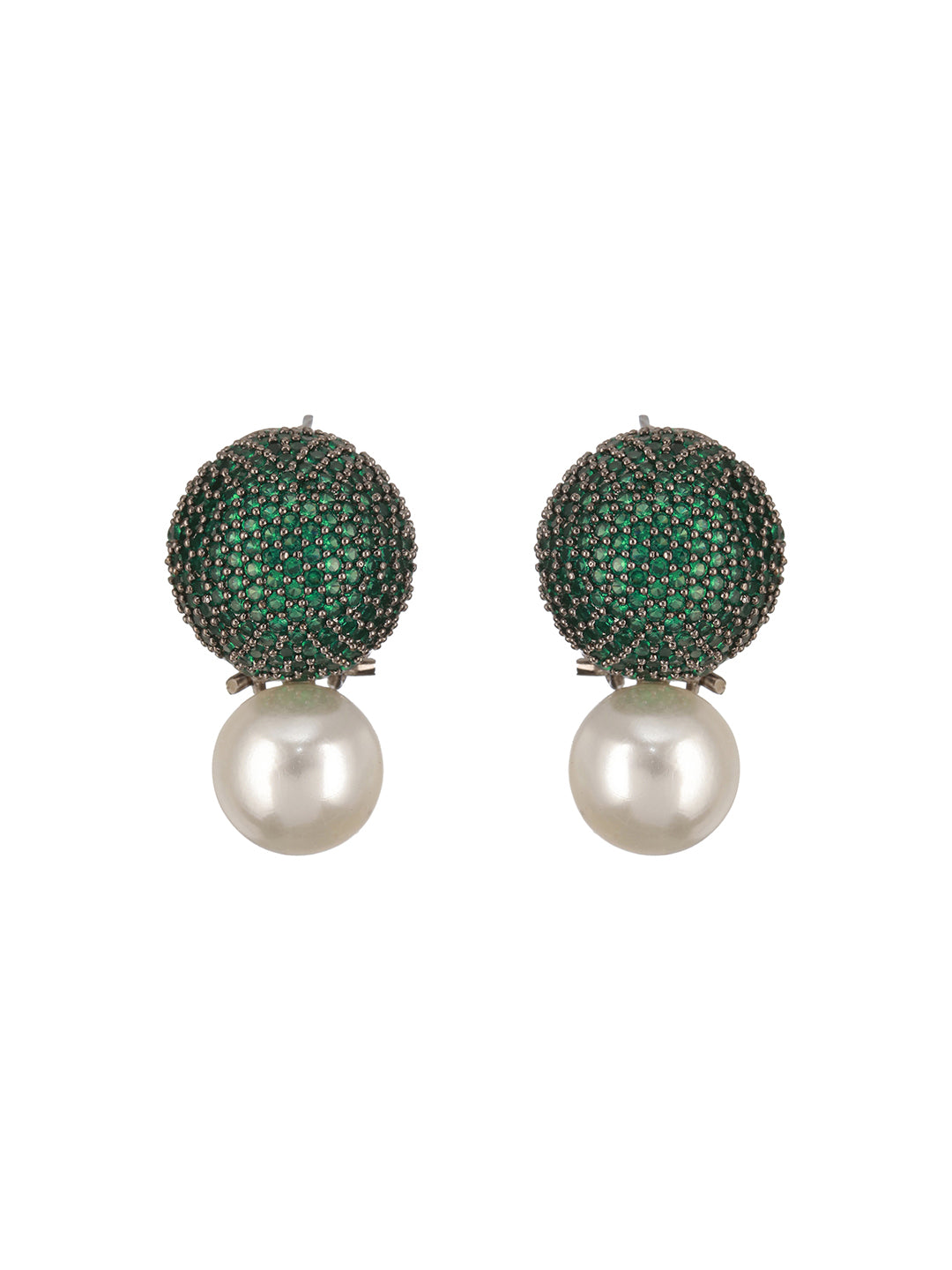 Green AD & Pearl Beaded Designer Luxe Stud Earrings