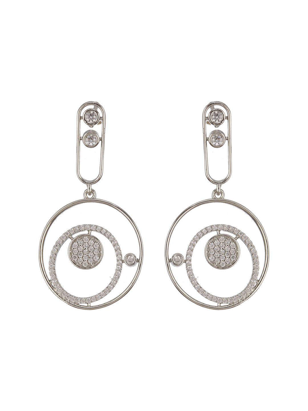 Silver Toned CZ Studded Modern Minimal Designer Concentric Chandbali Earrings