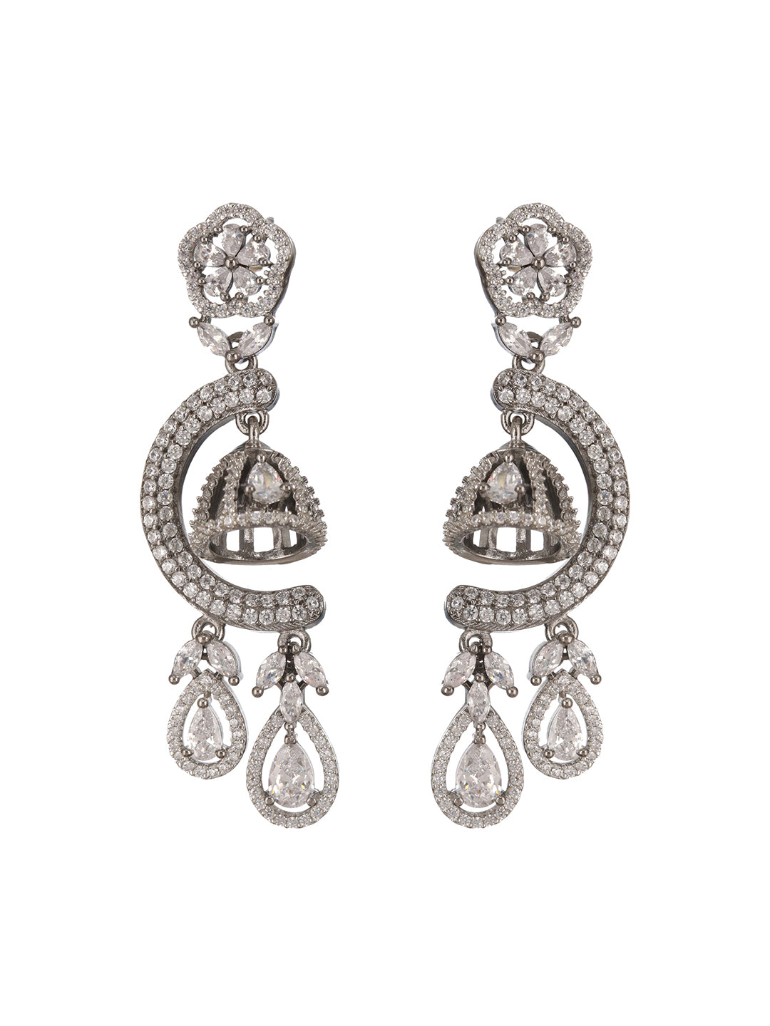 Silver Oxidised Toned CZ Studded Designer Chanbali Jhumki Earrings