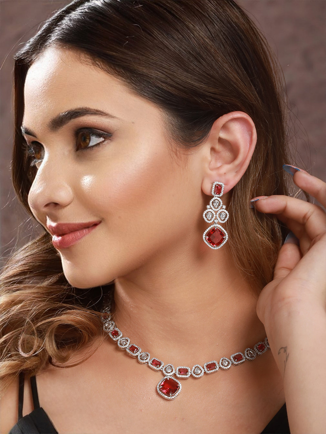 Silver Plated Red CZ Studded Statement Necklace Jewellery Set