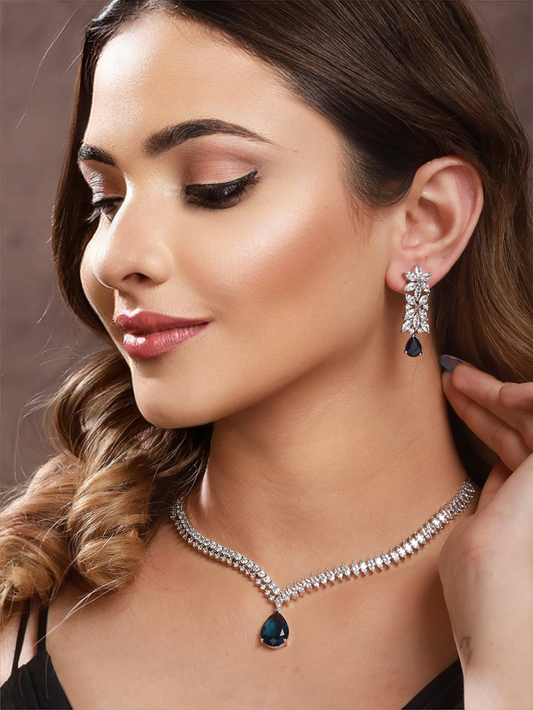 White Rhodium Blue Zircon Studded Statement  Necklace Jewellery  Set