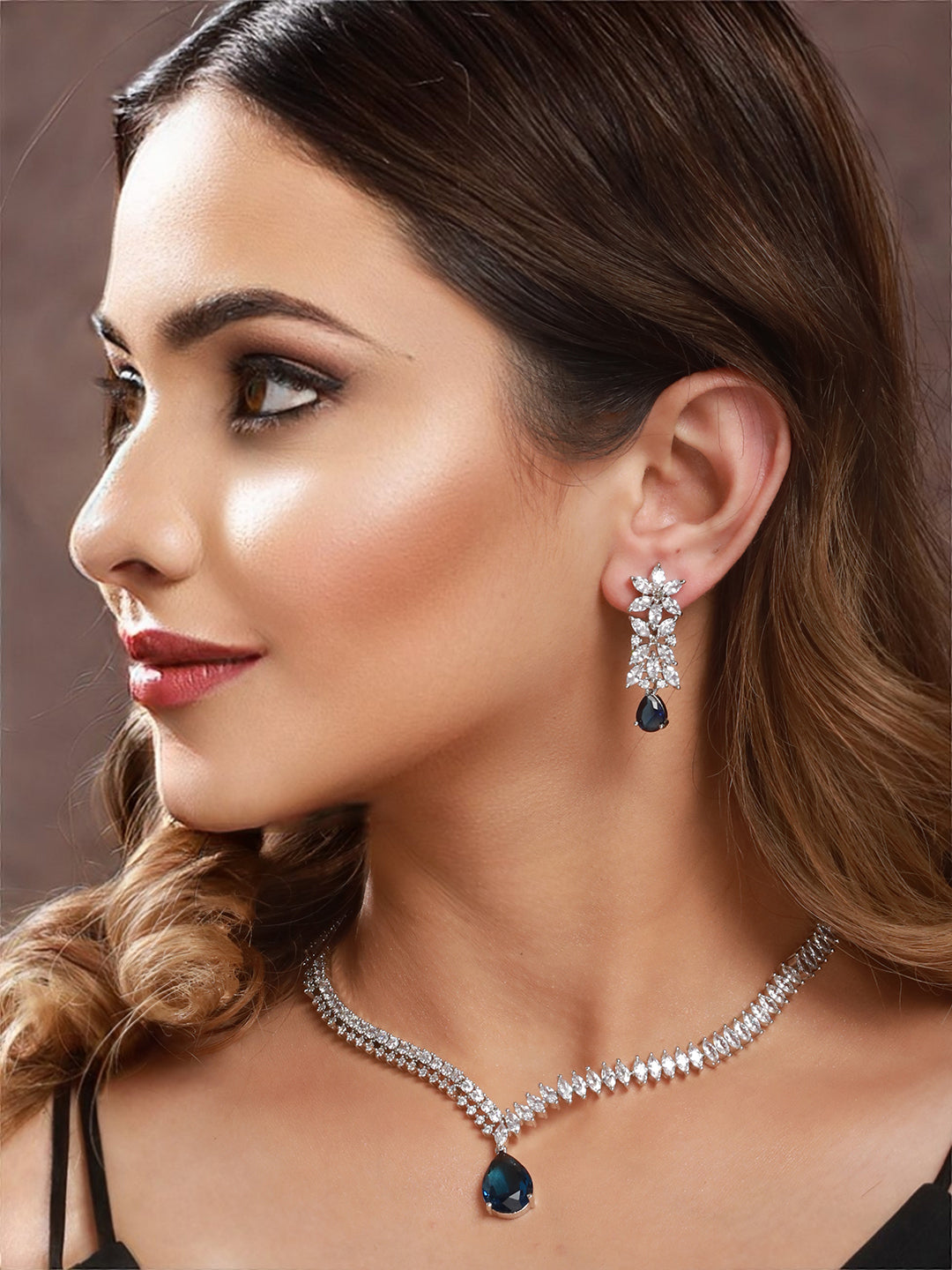 White Rhodium Blue Zircon Studded Statement  Necklace Jewellery  Set