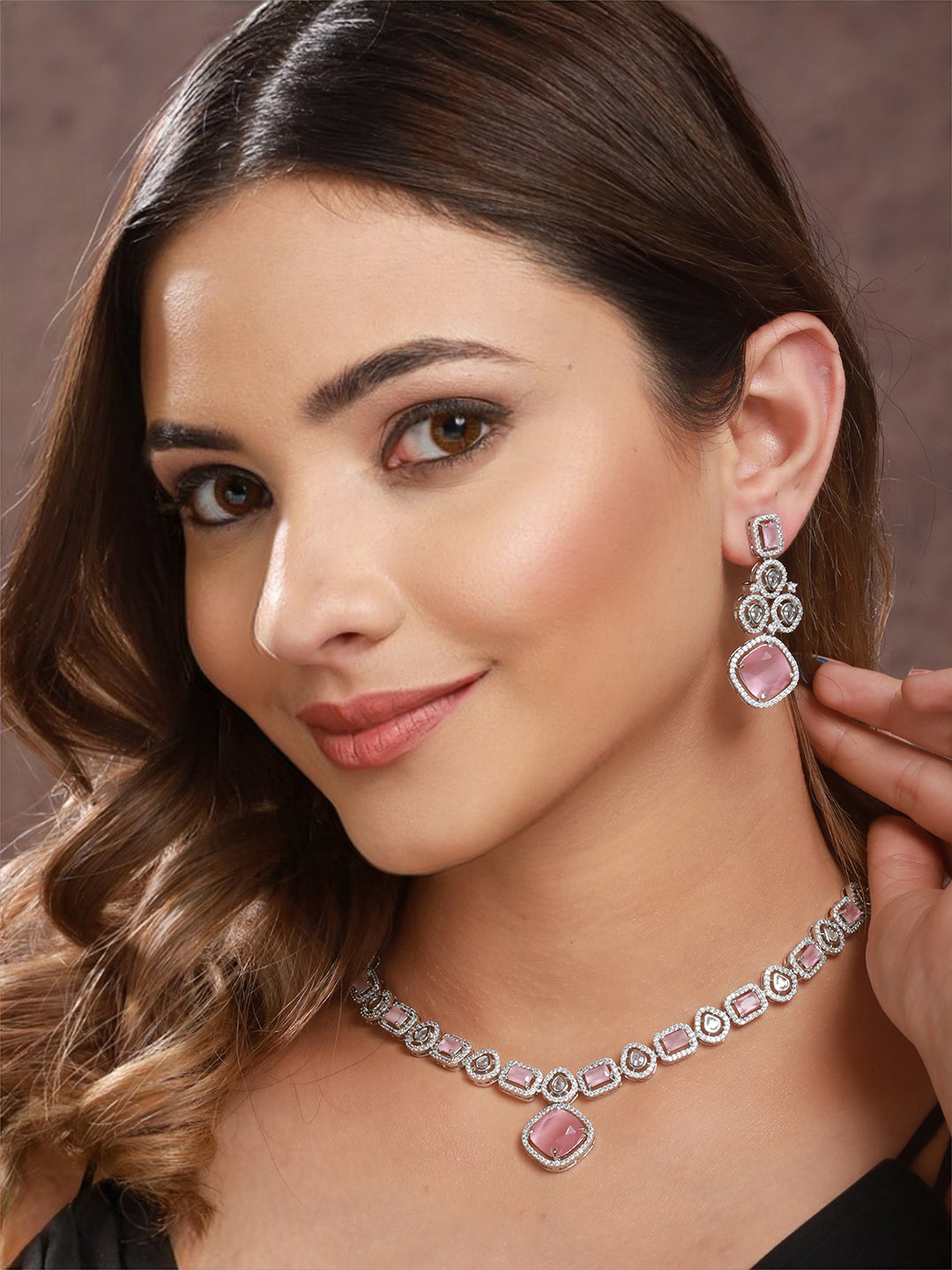 White Rhodium Pink Zircon Studded DeSigner Necklace jewellery Set