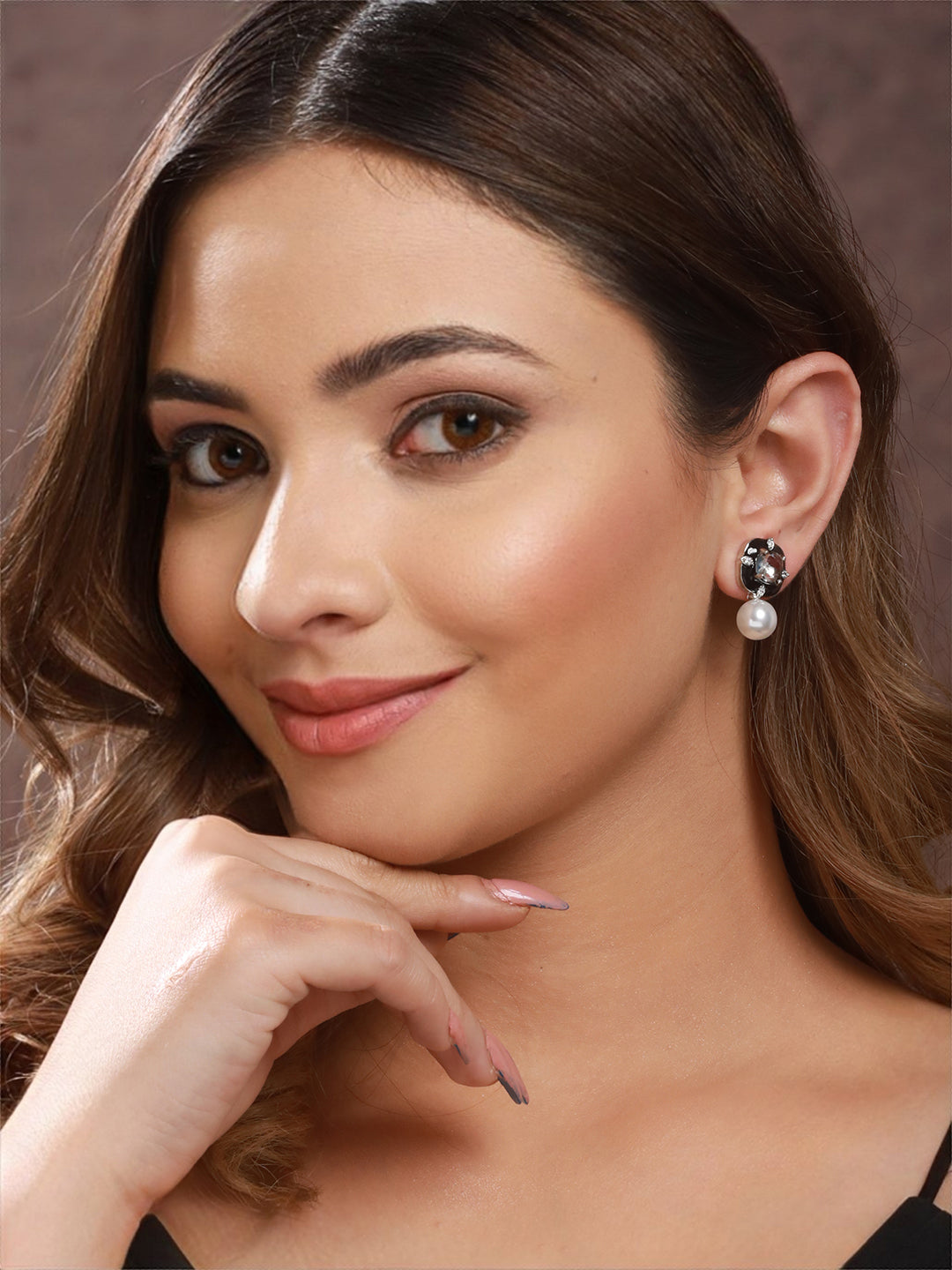 Silver Toned AD  Blue Enamelled  & Beaded Minimal Earring