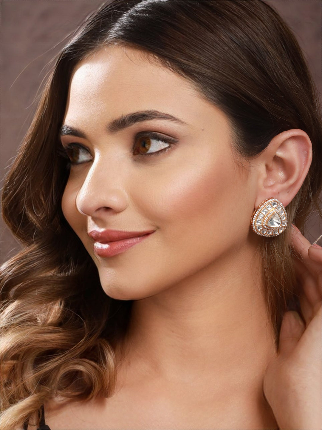 Gold Polish Real Kundan & CZ Studded Luxe Studds earrings