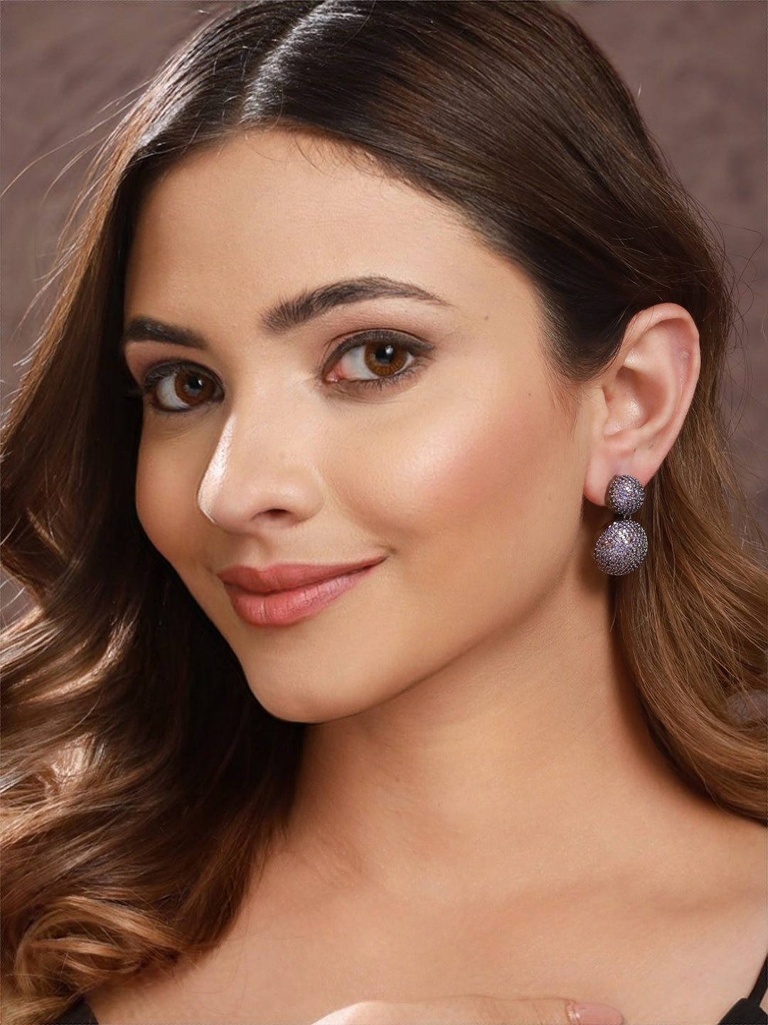 Rhodium Plated Purple Amethyst Studded Circular Drop earrings