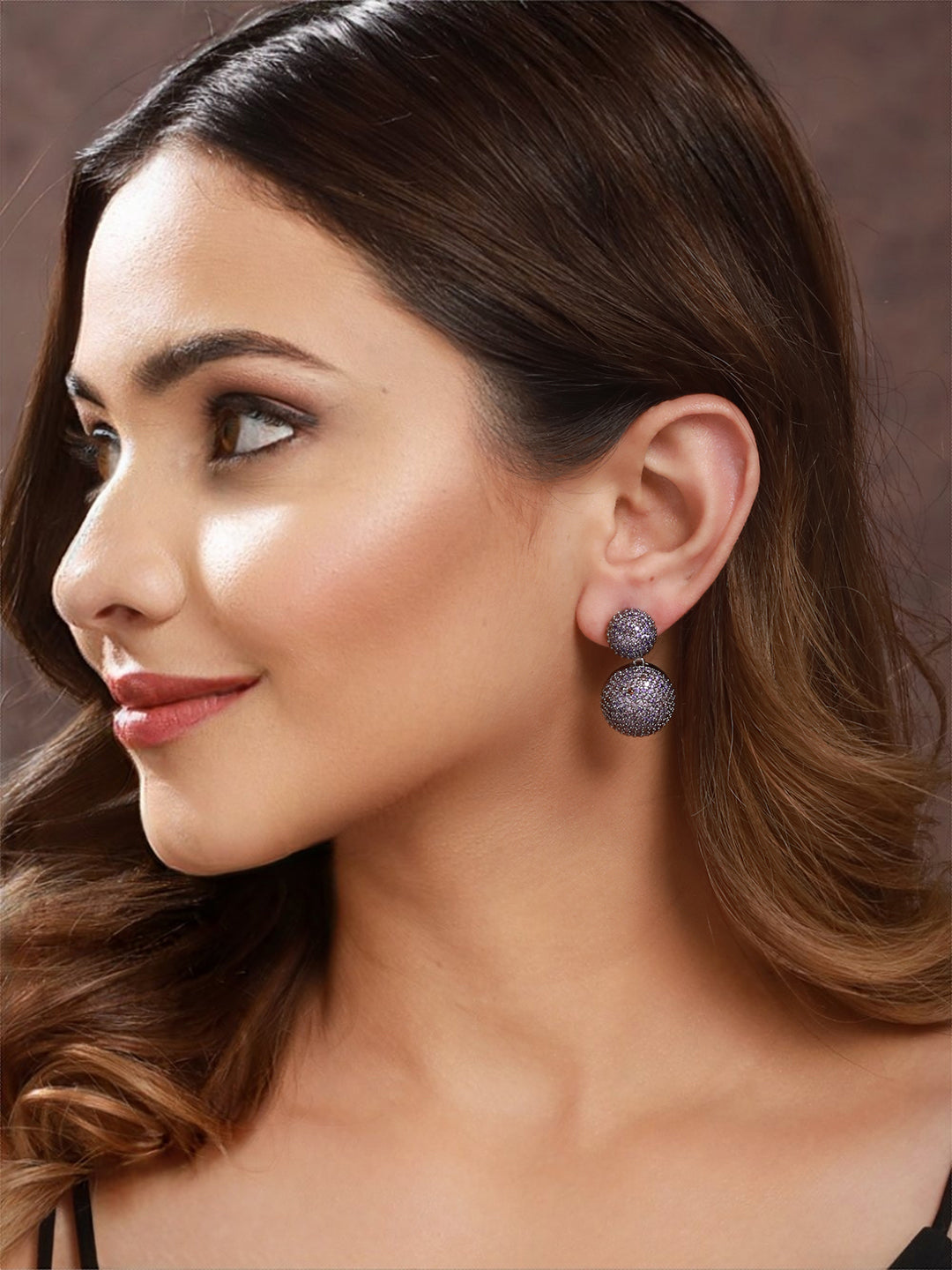 Rhodium Plated Purple Amethyst Studded Circular Drop earrings