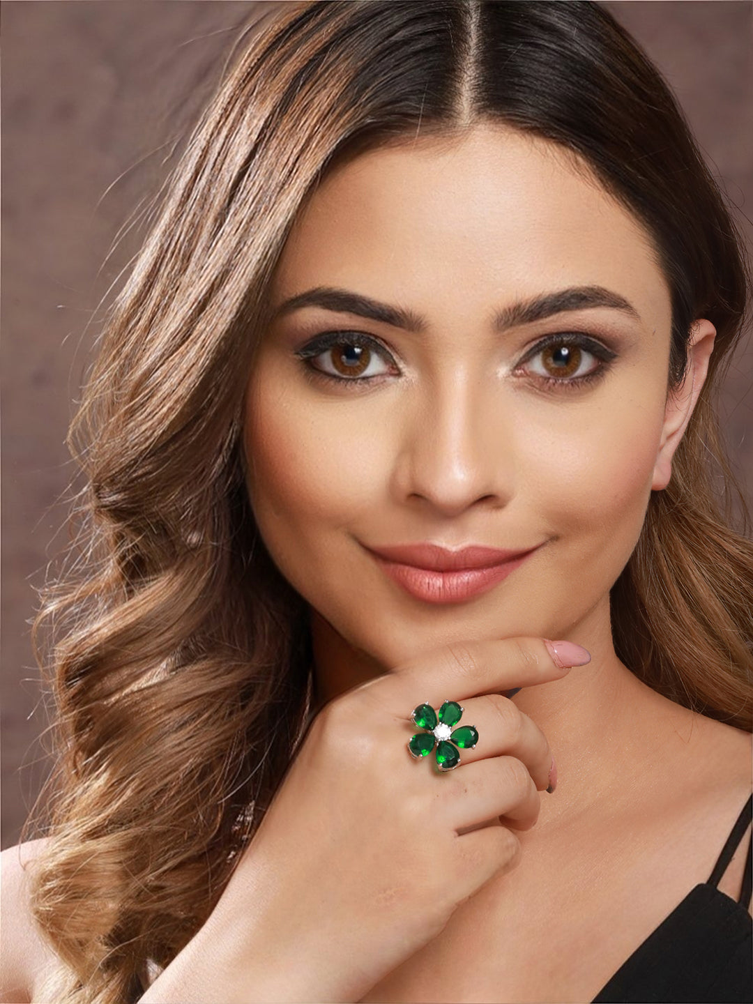 Silver Plated Green Emerald Zircon Minimal Floral Ring