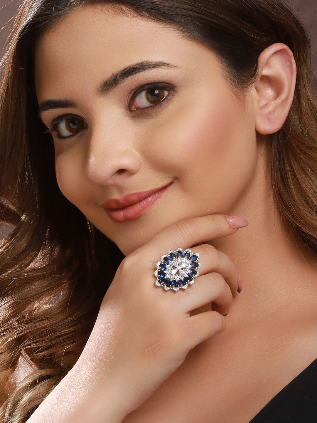Silver Plated Blue Sapphire Zircon Luxe Floral Finger Ring