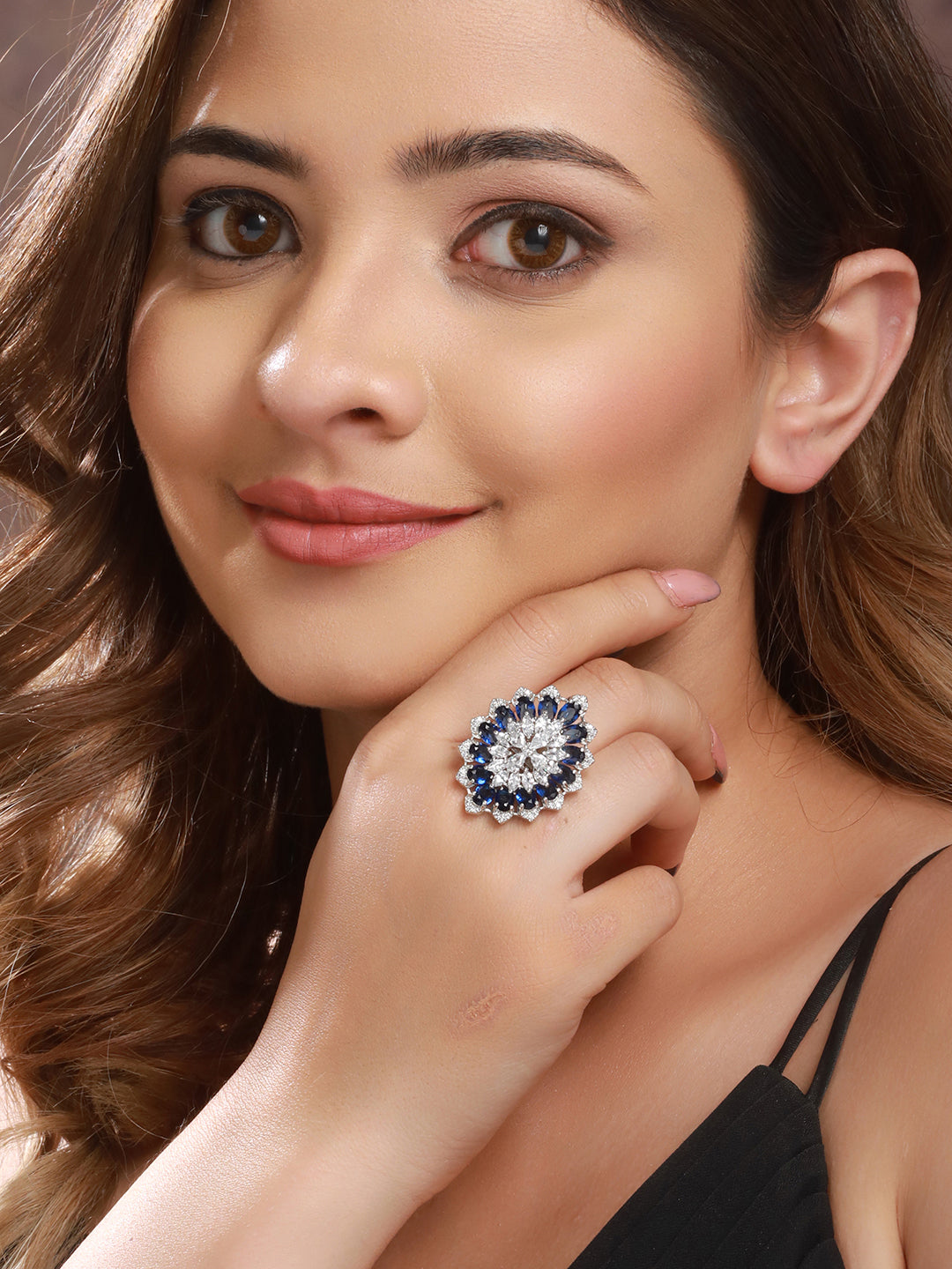 Silver Plated Blue Sapphire Zircon Luxe Floral Finger Ring