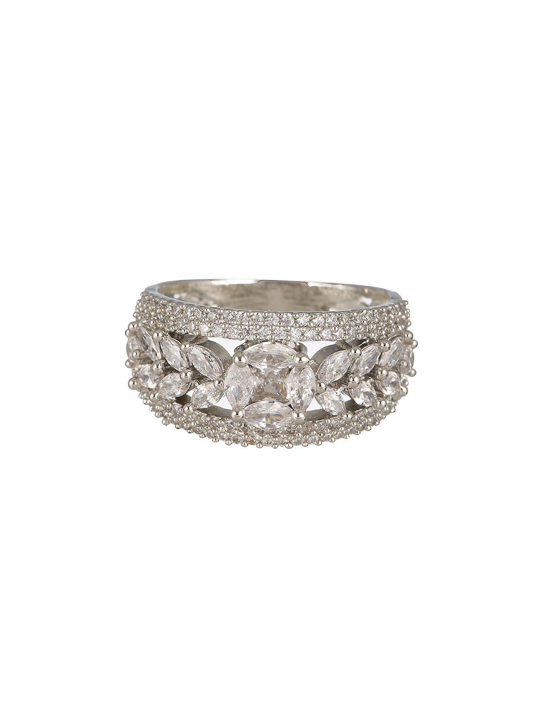 Silver Toned AD Studded Engagement Band Finger Rings