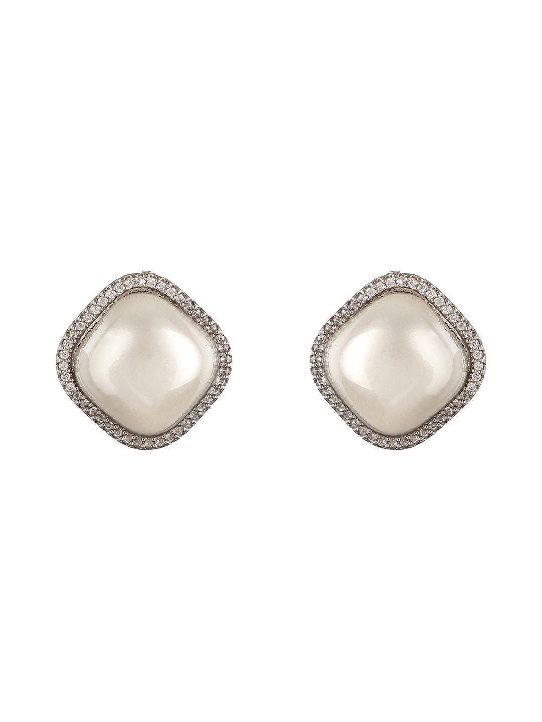 Silver Toned Pearl Minimal Square Studds Earring