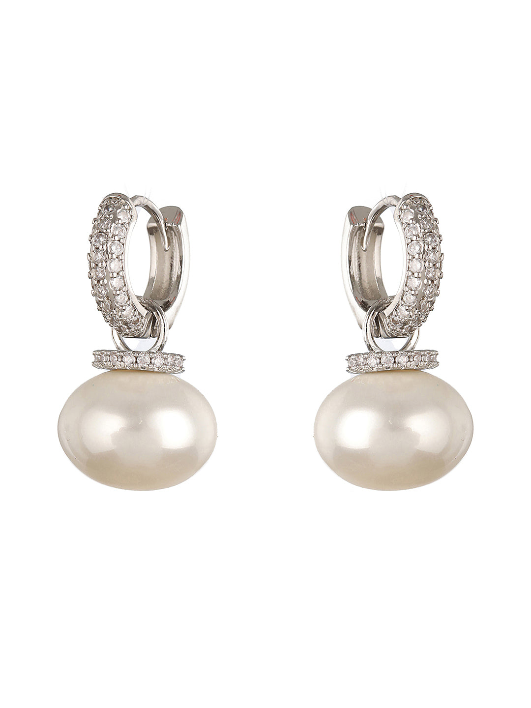 Silver Toned Pearl Drop Minimal Hoop Earrings