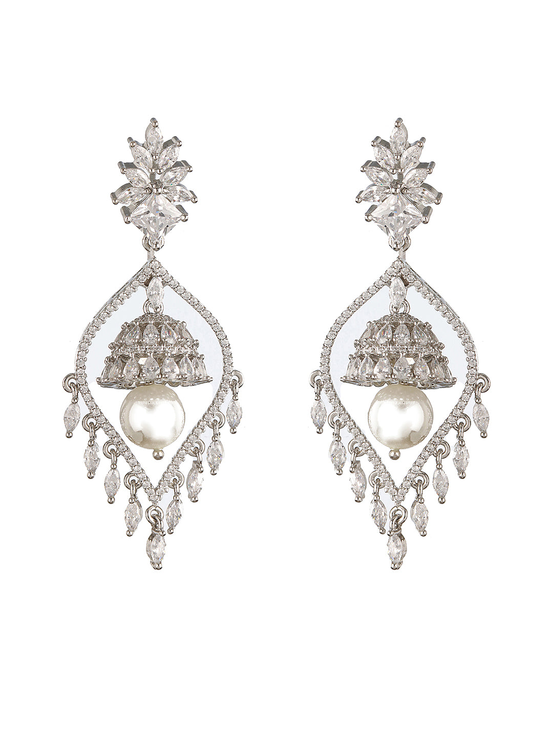 Silver Plated CZ Studded & Pearl Beaded Delicate Jhumka Chandelier Earrings