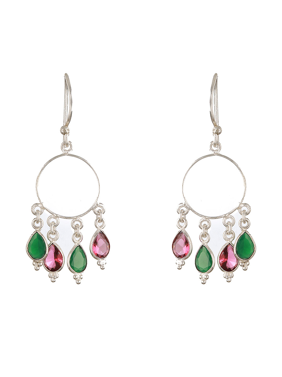 Silver Toned Red & Green AD Minimal Chandbali Earring