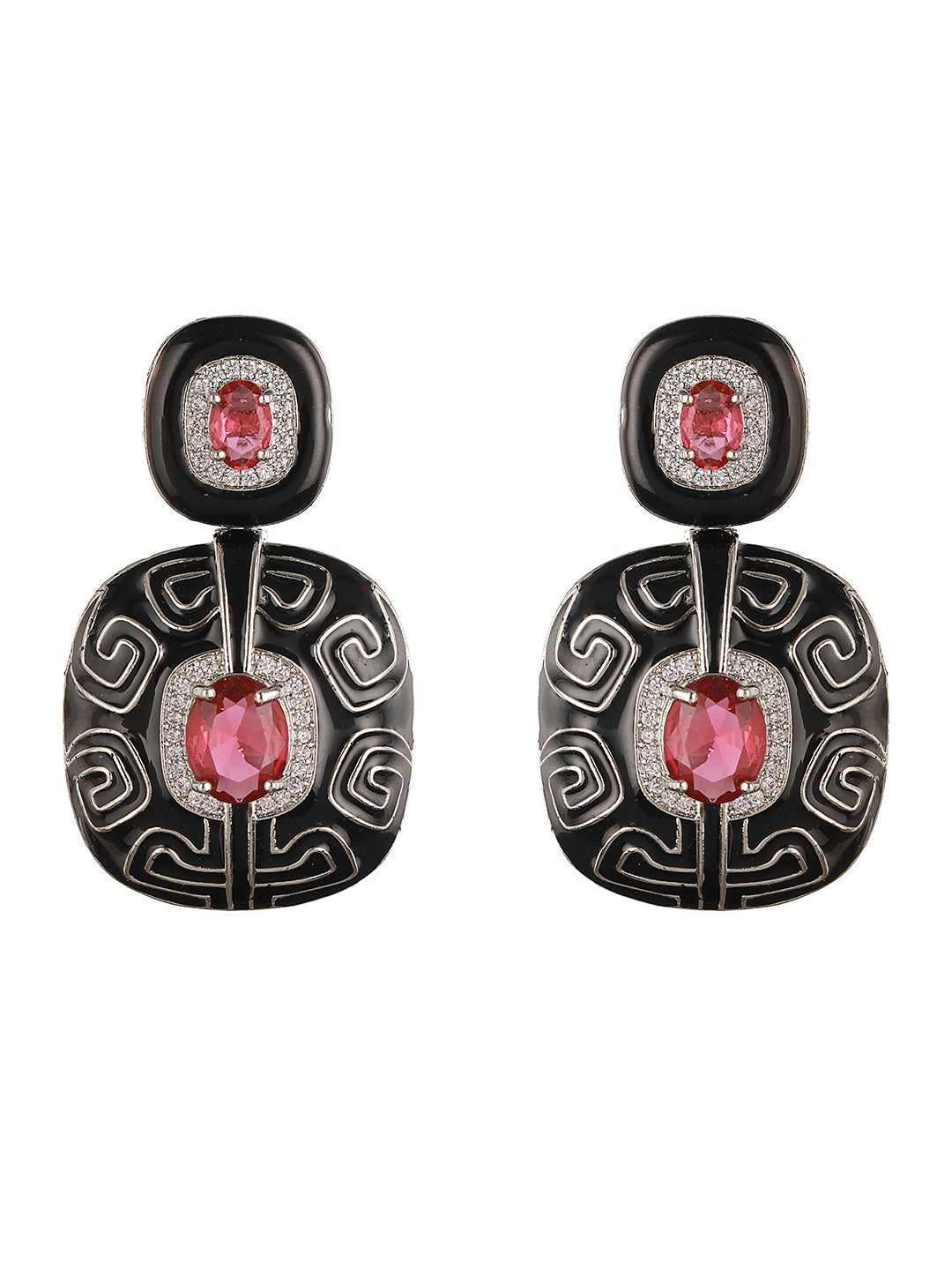 Black Enamelled Red AD studded Statement Drop Earrings