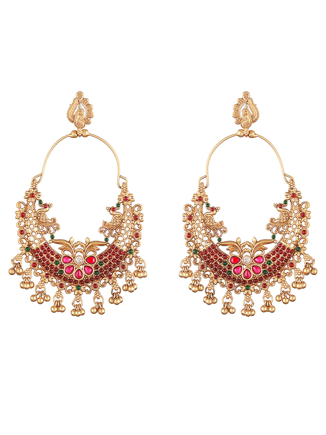 22k Gold Plated Multi Stone Studded & Beaded Temple Chandbali Earrings