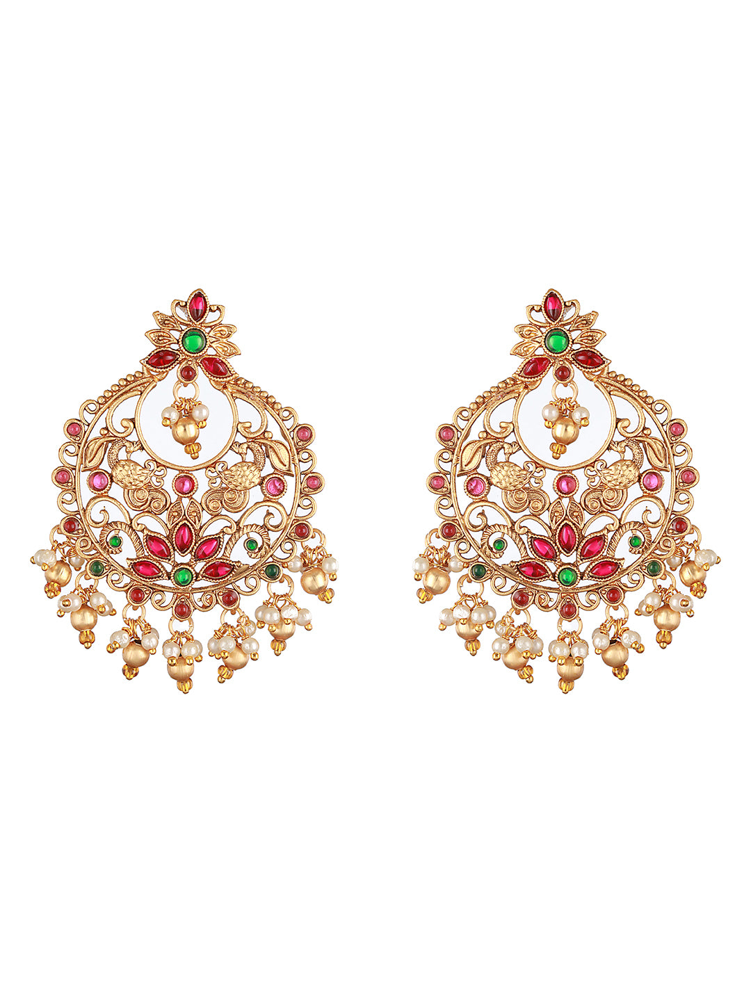 22k Gold Plated Red Kempo Temple Chandbali Earrings