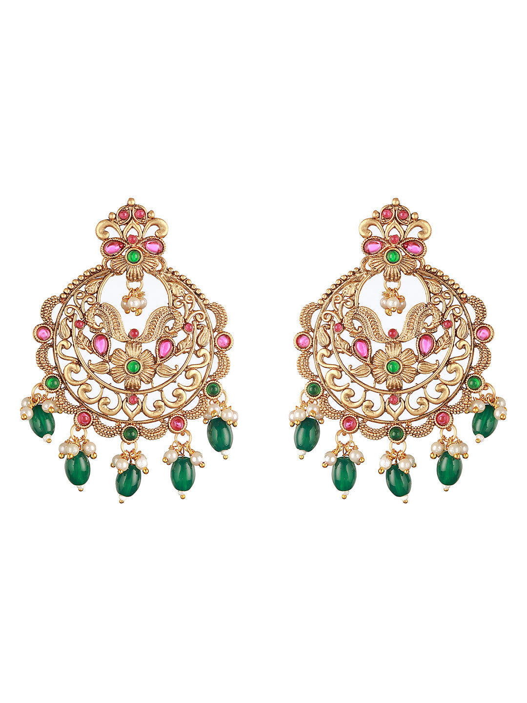 20K Gold Plated Red Stones Studded & Beaded Temple Chandbali Earrings