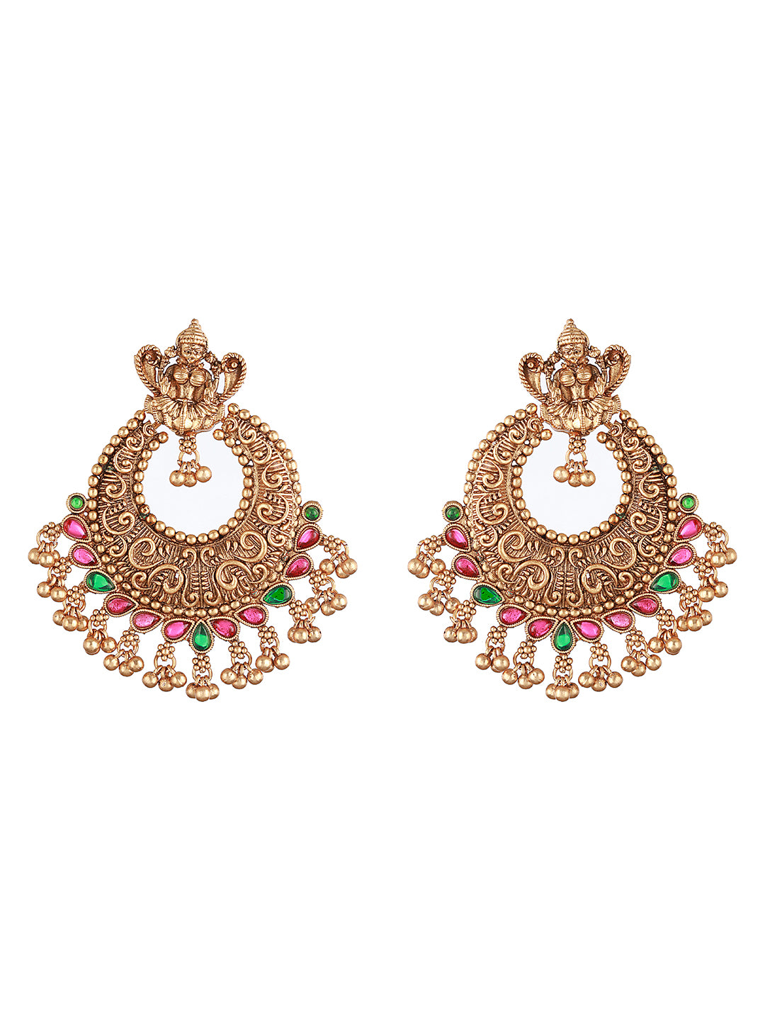 22K Gold Plated Red Kempo Lakshmiji Temple Chandbali Earrings