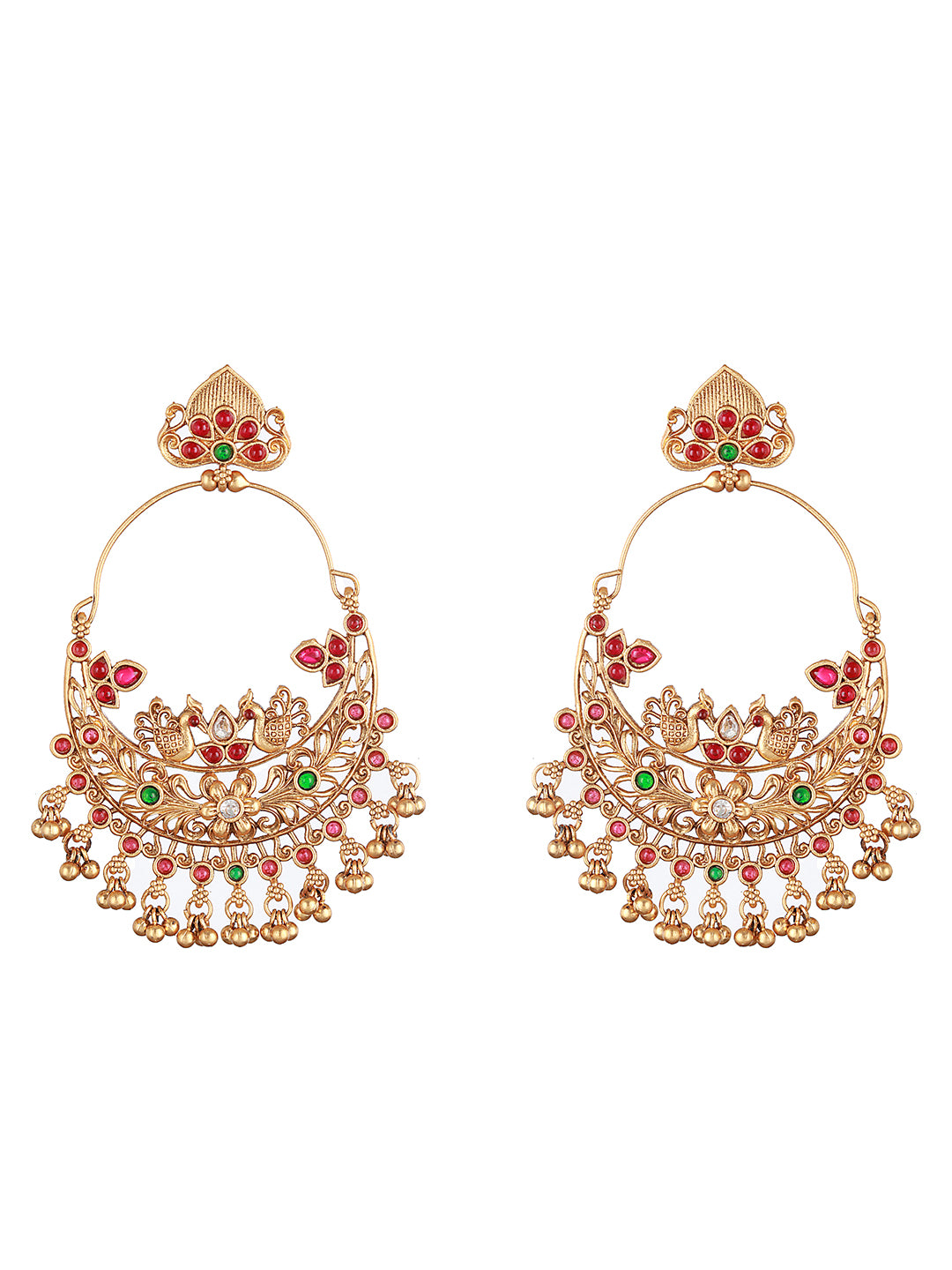 22K Gold Plated Red Stone Studded peacock Temple Chandbali Earrings