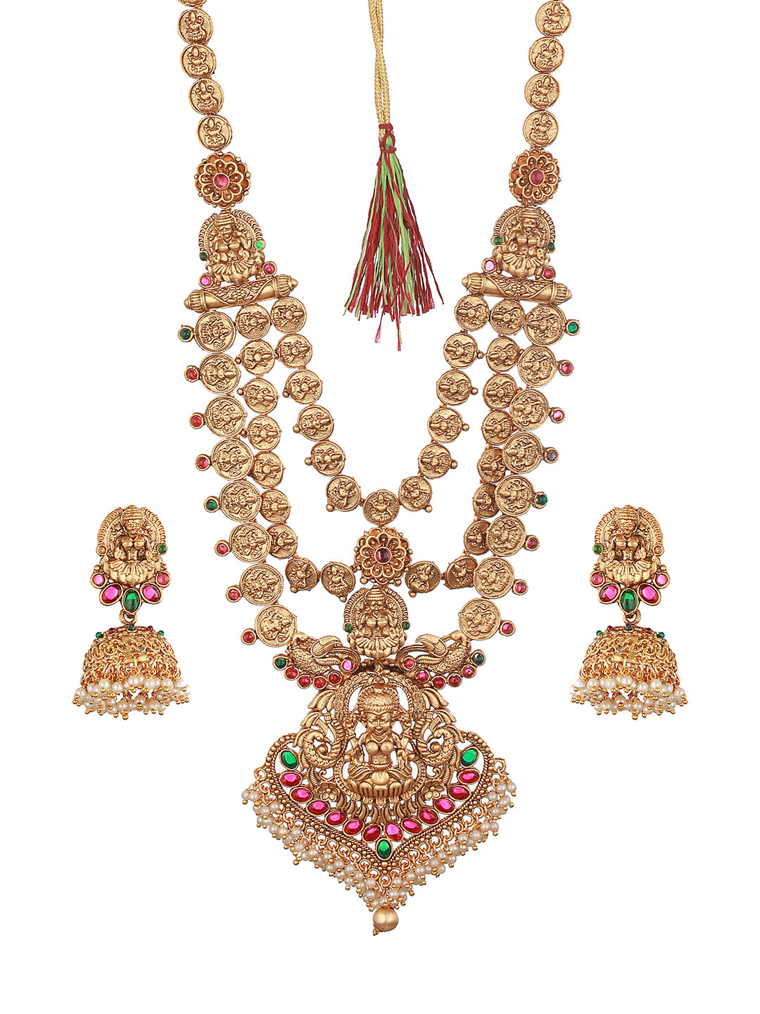 22K Gold-Plated Stone-Studded & Beaded Temple Lakshmiji Coin Bridal  Jewellery Set