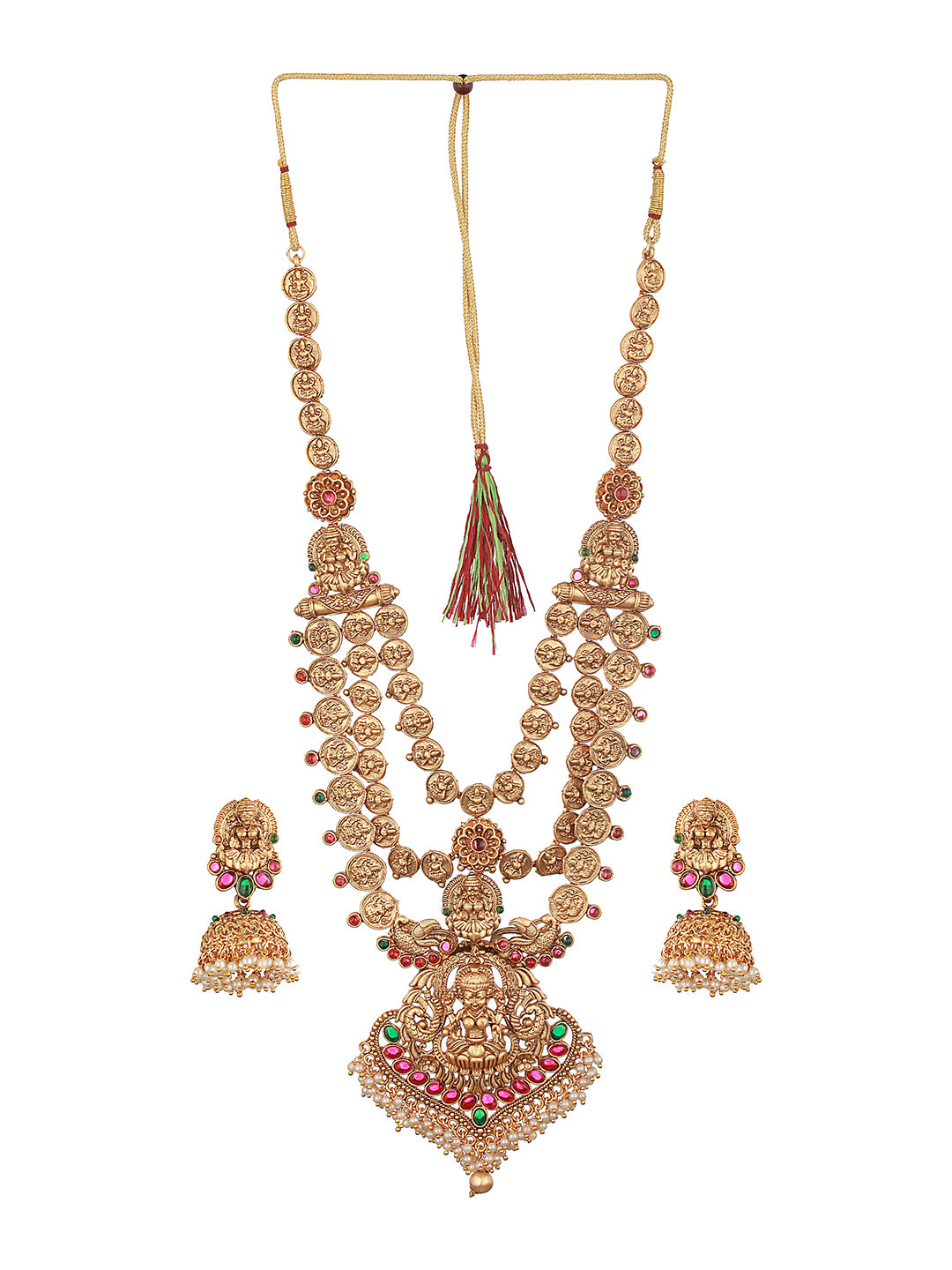 22K Gold-Plated Stone-Studded & Beaded Temple Lakshmiji Coin Bridal  Jewellery Set