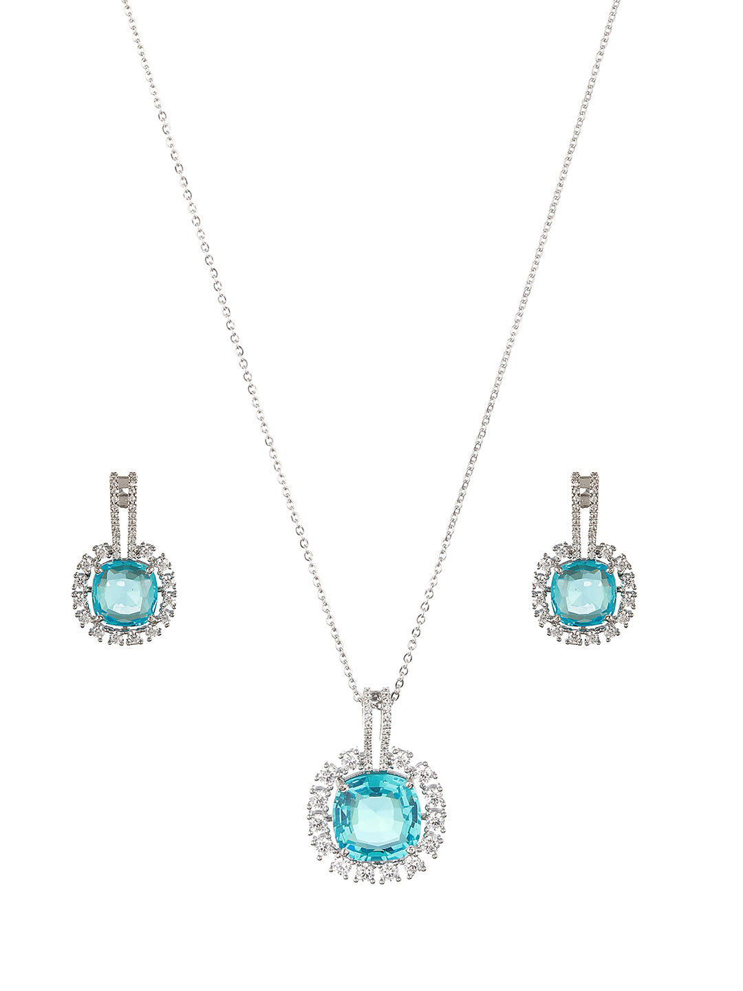 Silver Toned Aqua AD Studded Statement Locket Jewellery Set