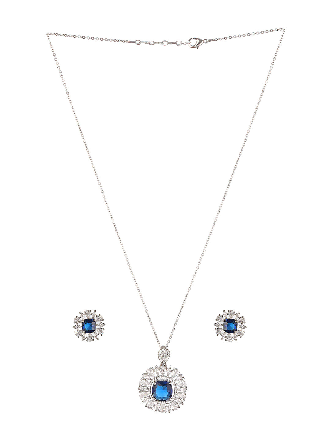 Silver plated Blue AD Studded statement  Locket  Jewellery Set