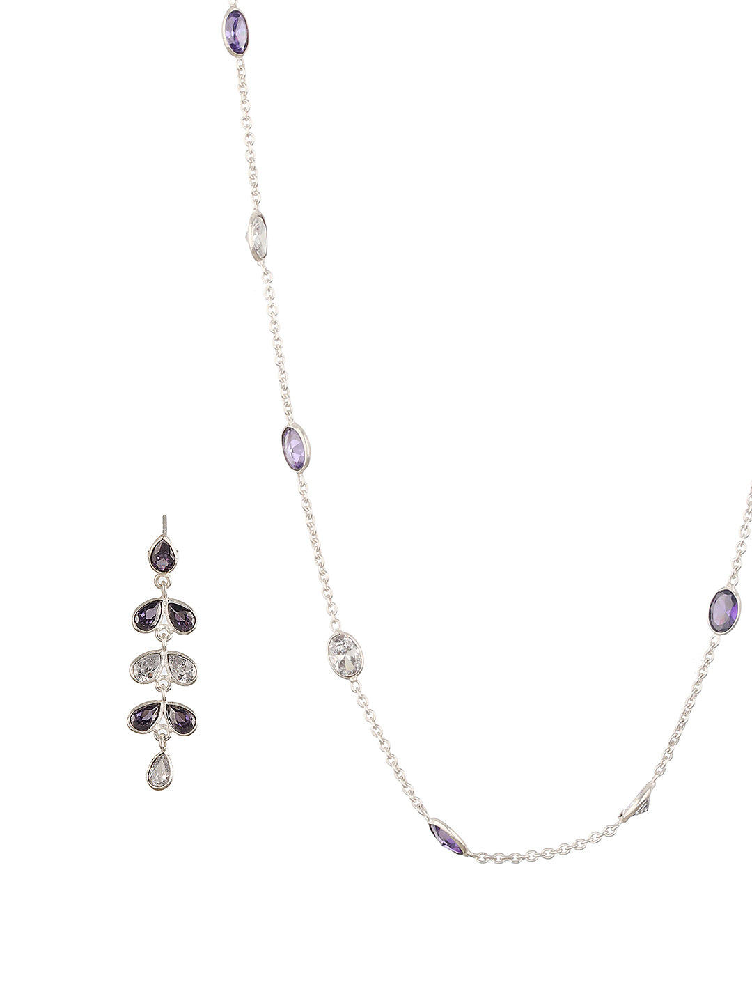 Silver Toned Amethyst Purple Minimal Necklace With Floral earrings Jewellery  Set