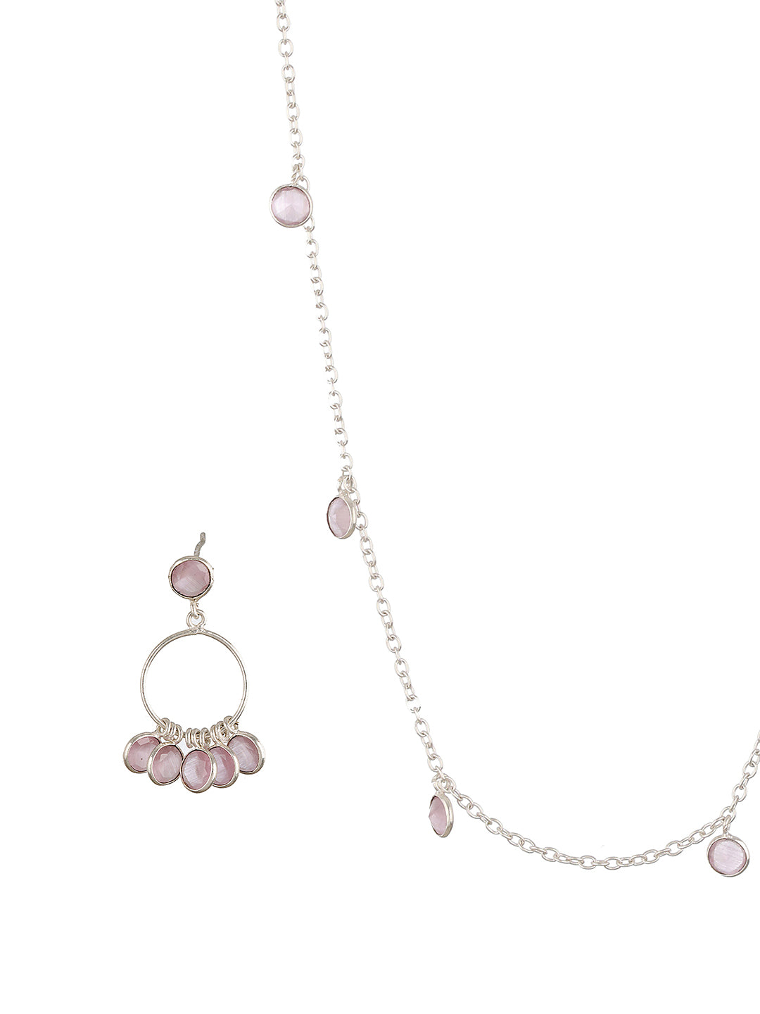 Silver Toned Pink AD Studded Minimal Necklace Chandbali Jewellery Set