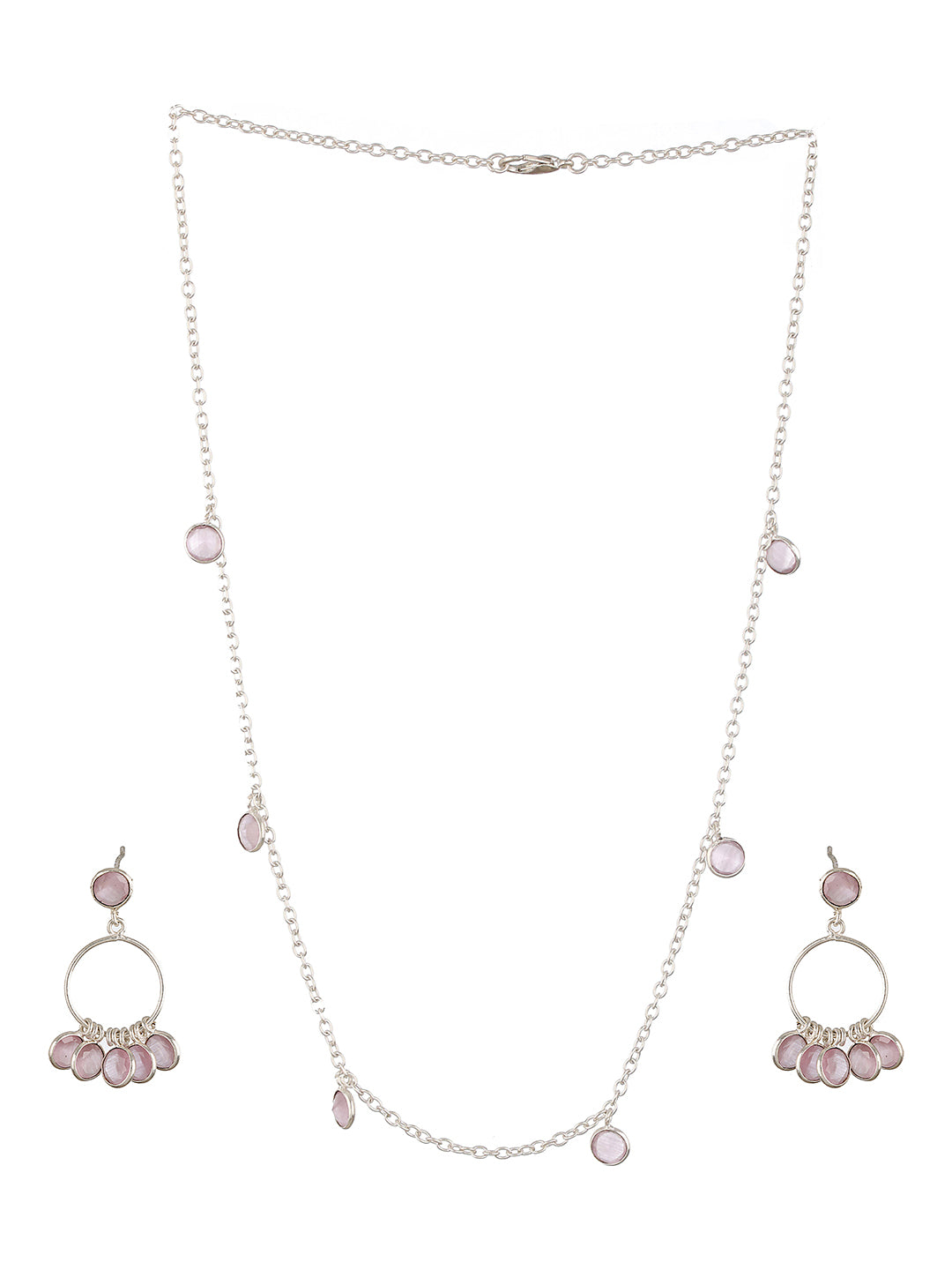 Silver Toned Pink AD Studded Minimal Necklace Chandbali Jewellery Set