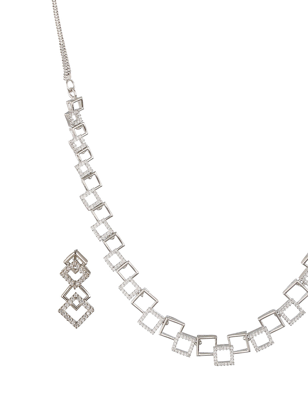 Silver Plated AD Studded Minimal Geometric Necklace Jewellery  Set