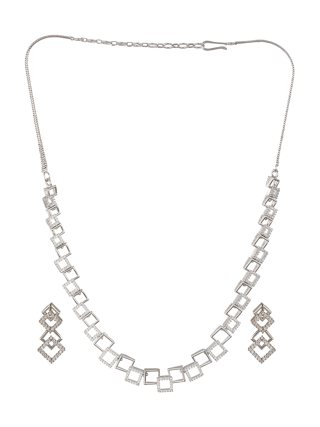 Silver Plated AD Studded Minimal Geometric Necklace Jewellery  Set
