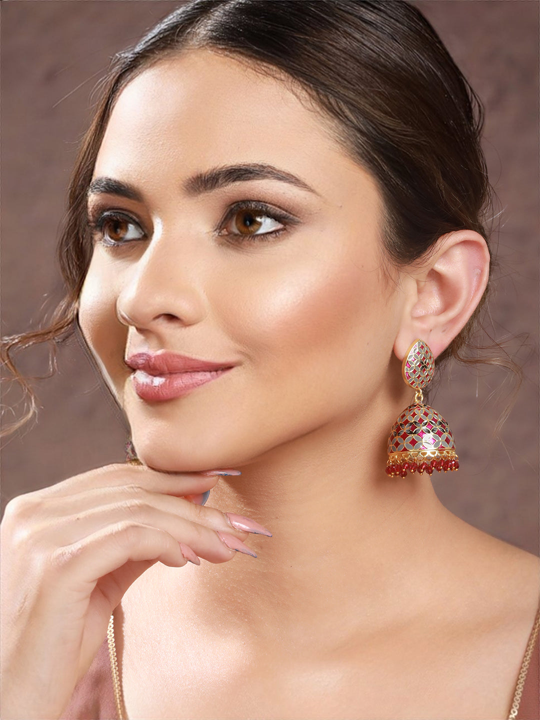 Gold Toned Designer Handpainted Jhumka Earrings