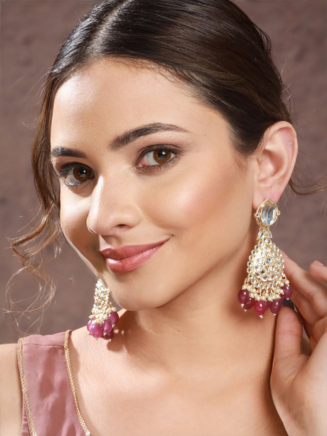 Gold Toned Kundan Studded Pink Pearl Beaded Chandbali  Earring