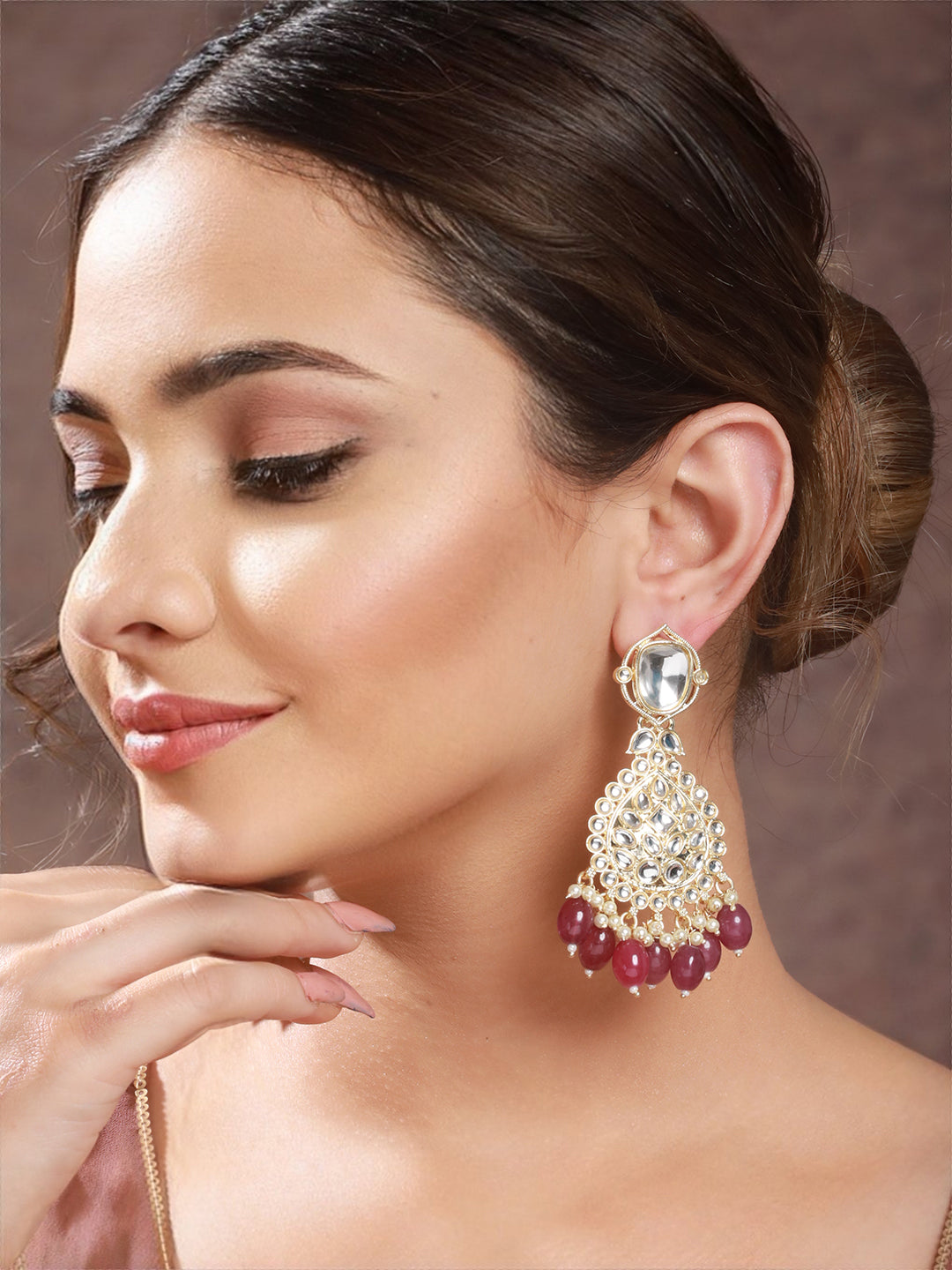 Gold Toned Kundan Studded Pink Pearl Beaded Chandbali  Earring