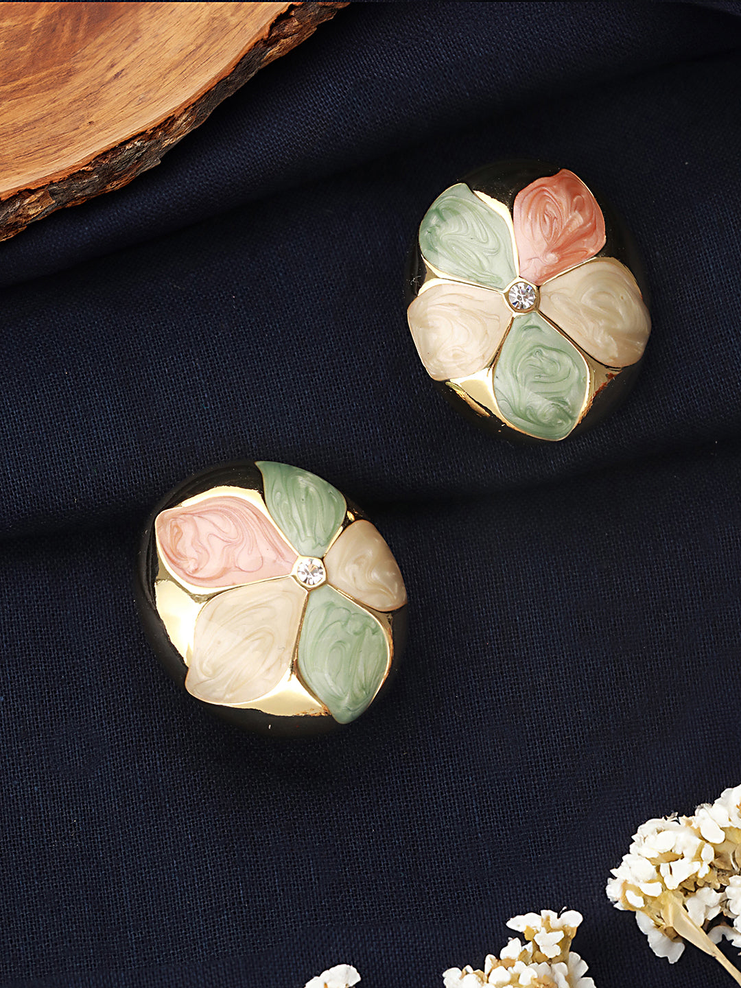 Anti-Tarnish 18k Gold Plated Floral Enamelled Large Circular Studds earrings