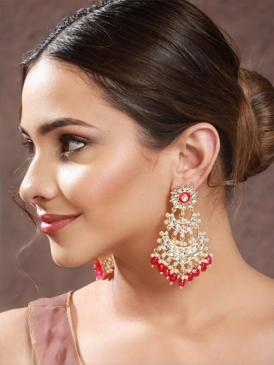 Gold Toned Kundan Studded Pink Dropdown Chandelier Earrings