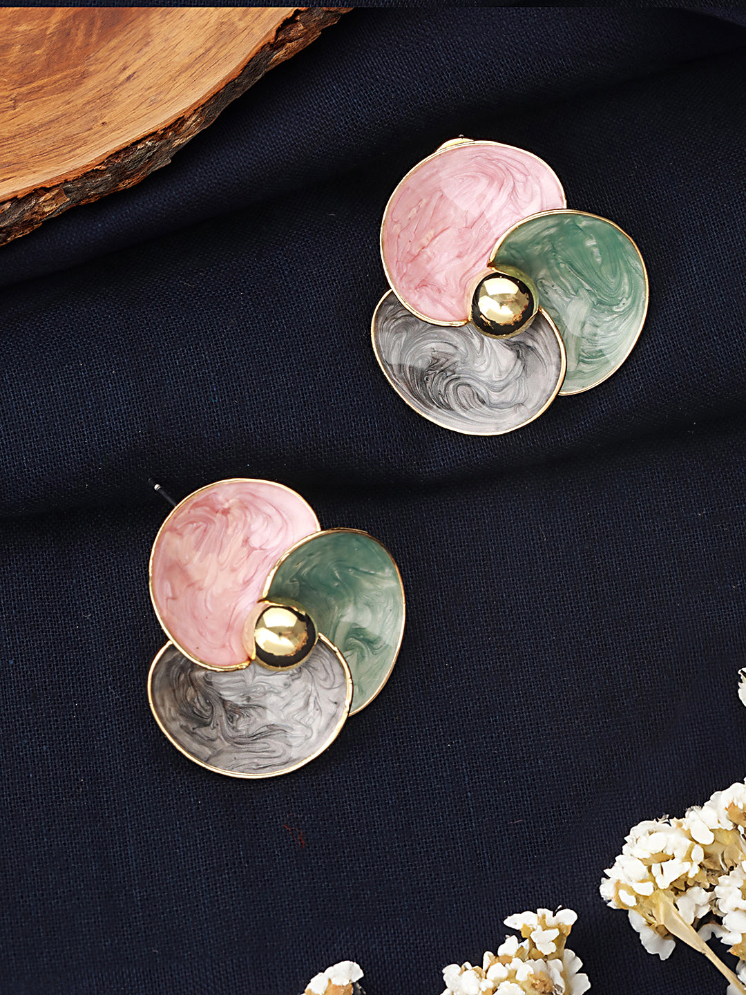 Anti-Tarnish 18k Gold Plated & Enamelled Floral Statement Studs Earrings