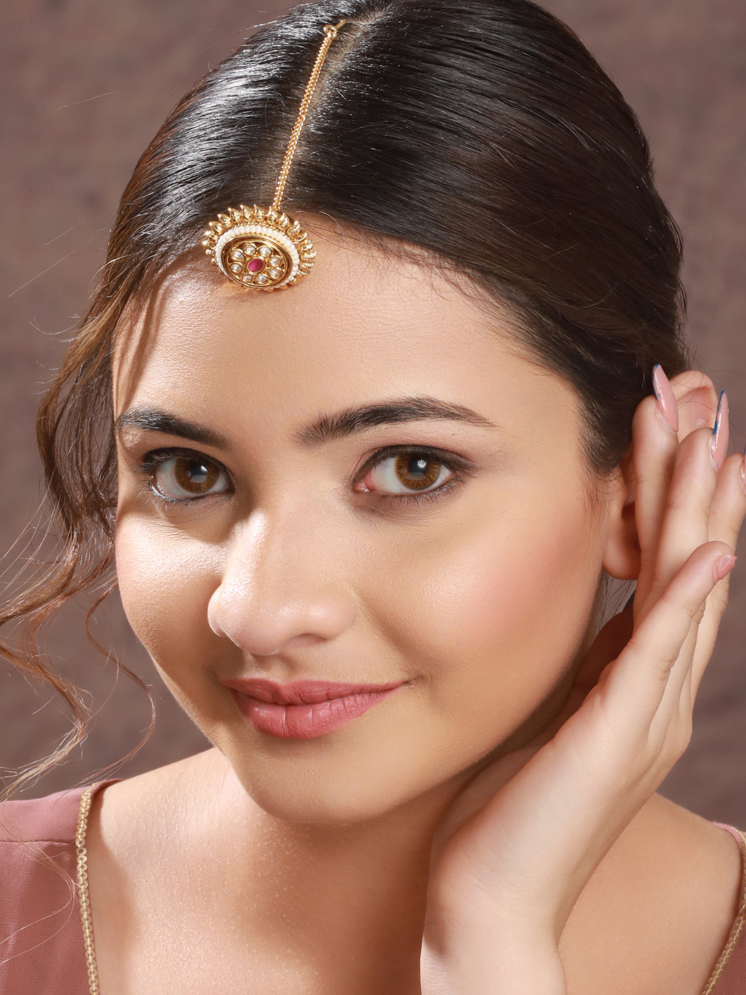 Gold Plated Red Kundan Floral Borla Mangtika