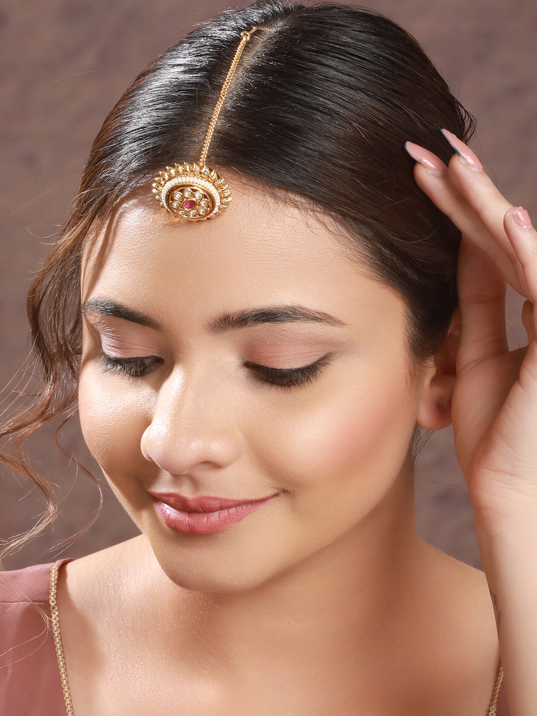 Gold Plated Red Kundan Floral Borla Mangtika