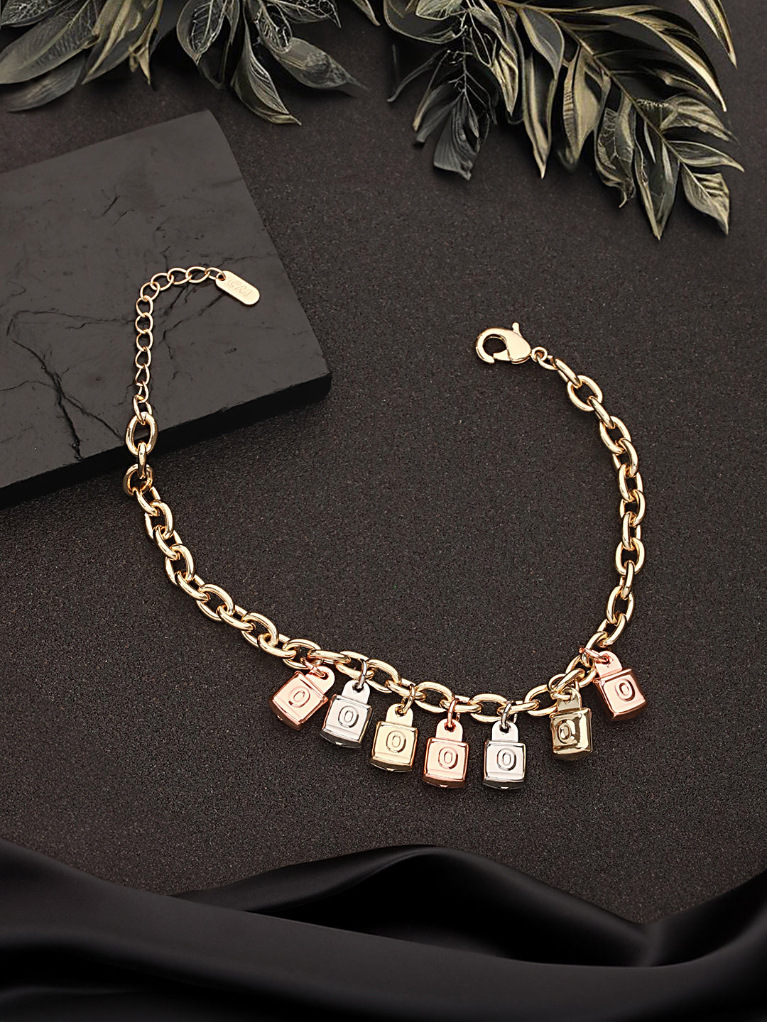 Anti-Tarnish Gold Plated Engraved Lock Charms Allover Wraparound Bracelet