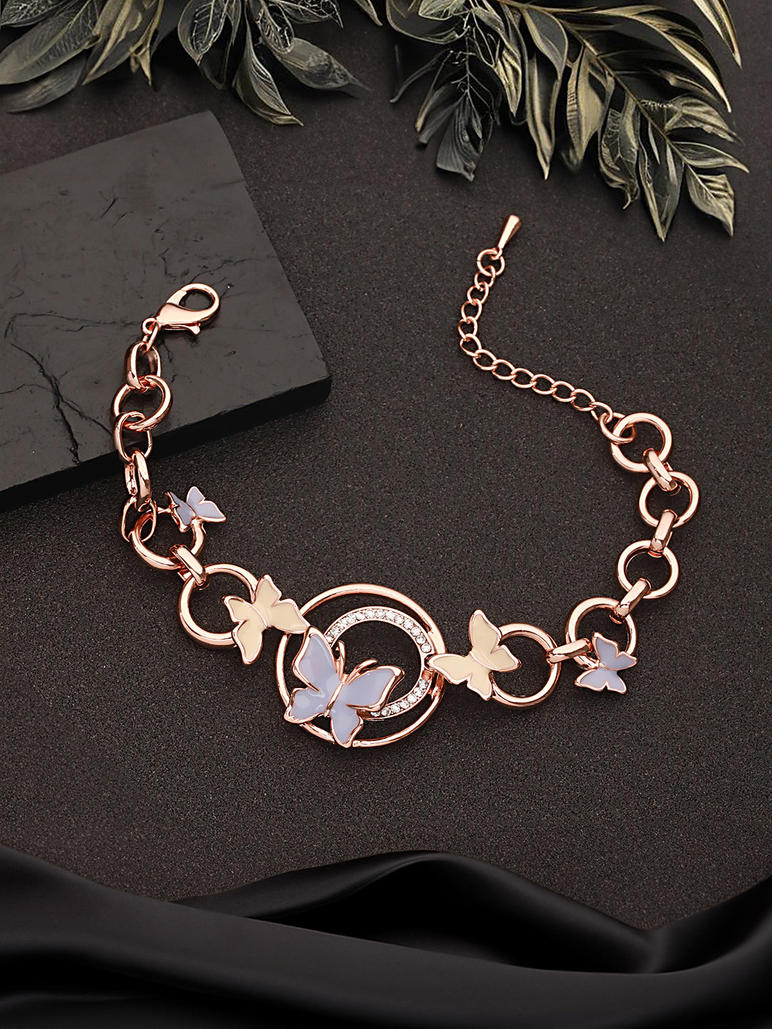 Anti-Tarnish Rose Gold Plated Halo Butterfly Charm Link Bracelet