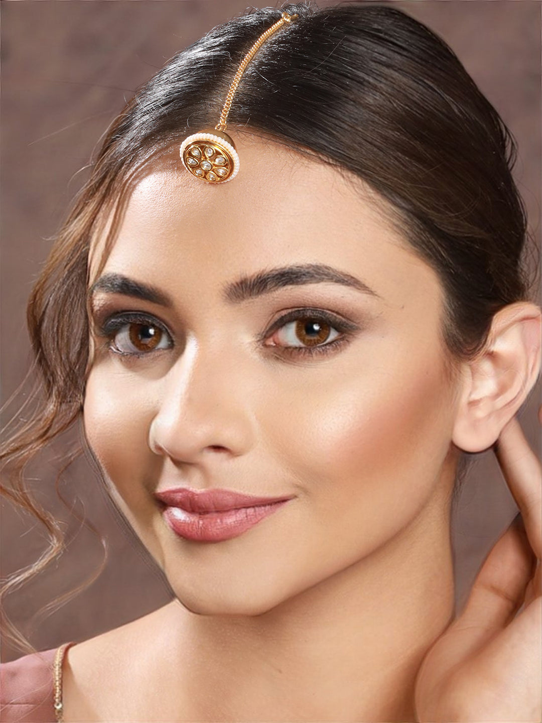 Gold Plated White Kundan Studded Pearl Beaded Borla Mangtika