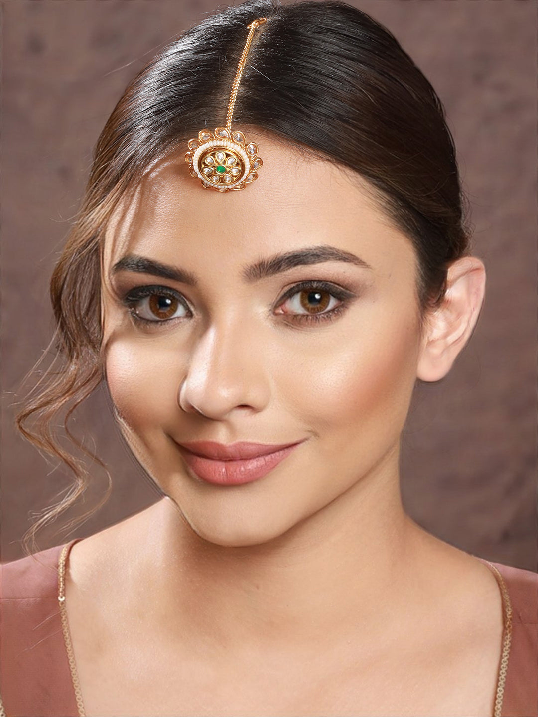 Gold Plated Green Kundan Studded Floral Borla Mangtika