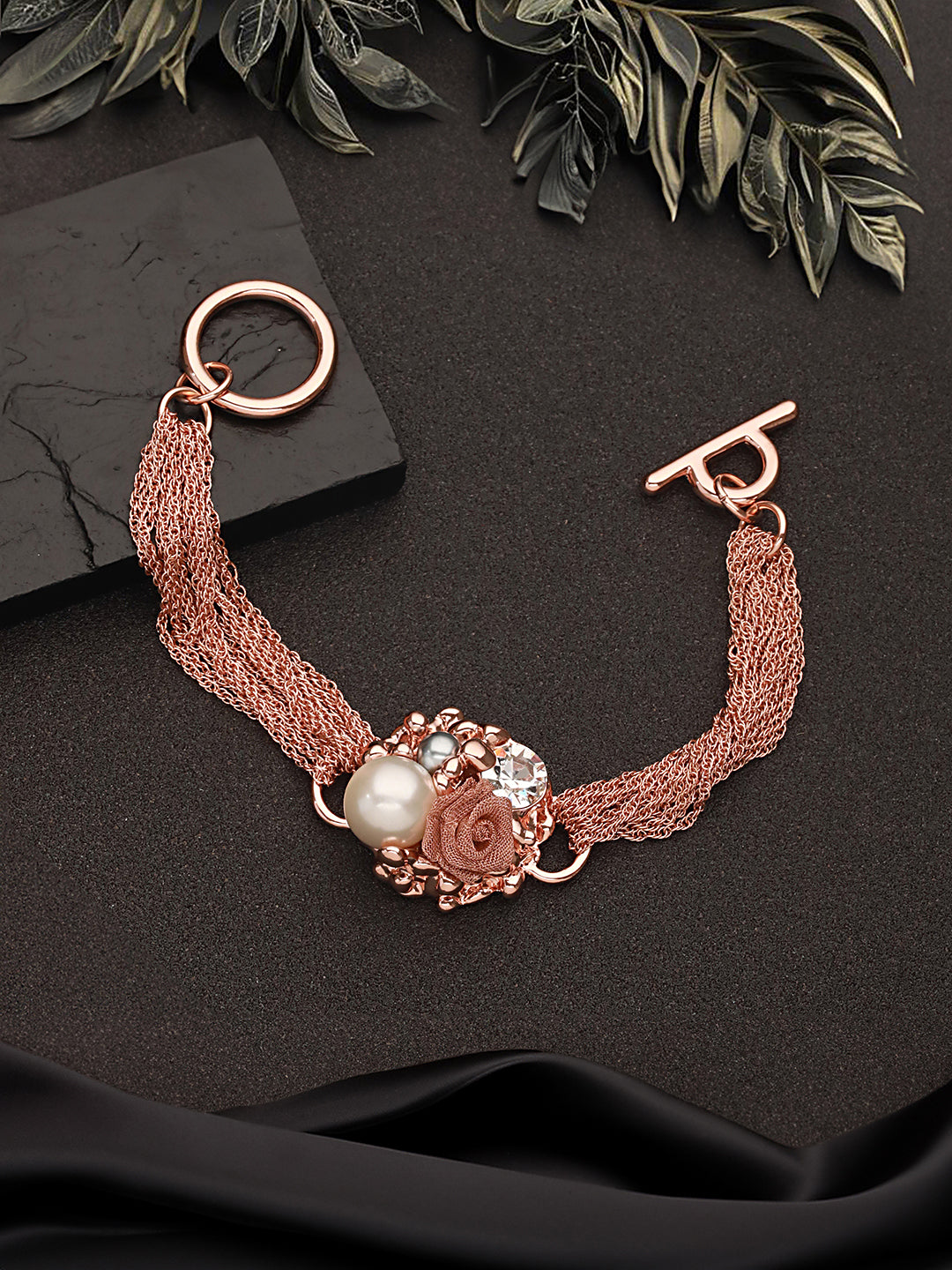 Anti-tarnish Rose Gold Plated Multi Chain Wraparound Rose Flower Broach Bracelet