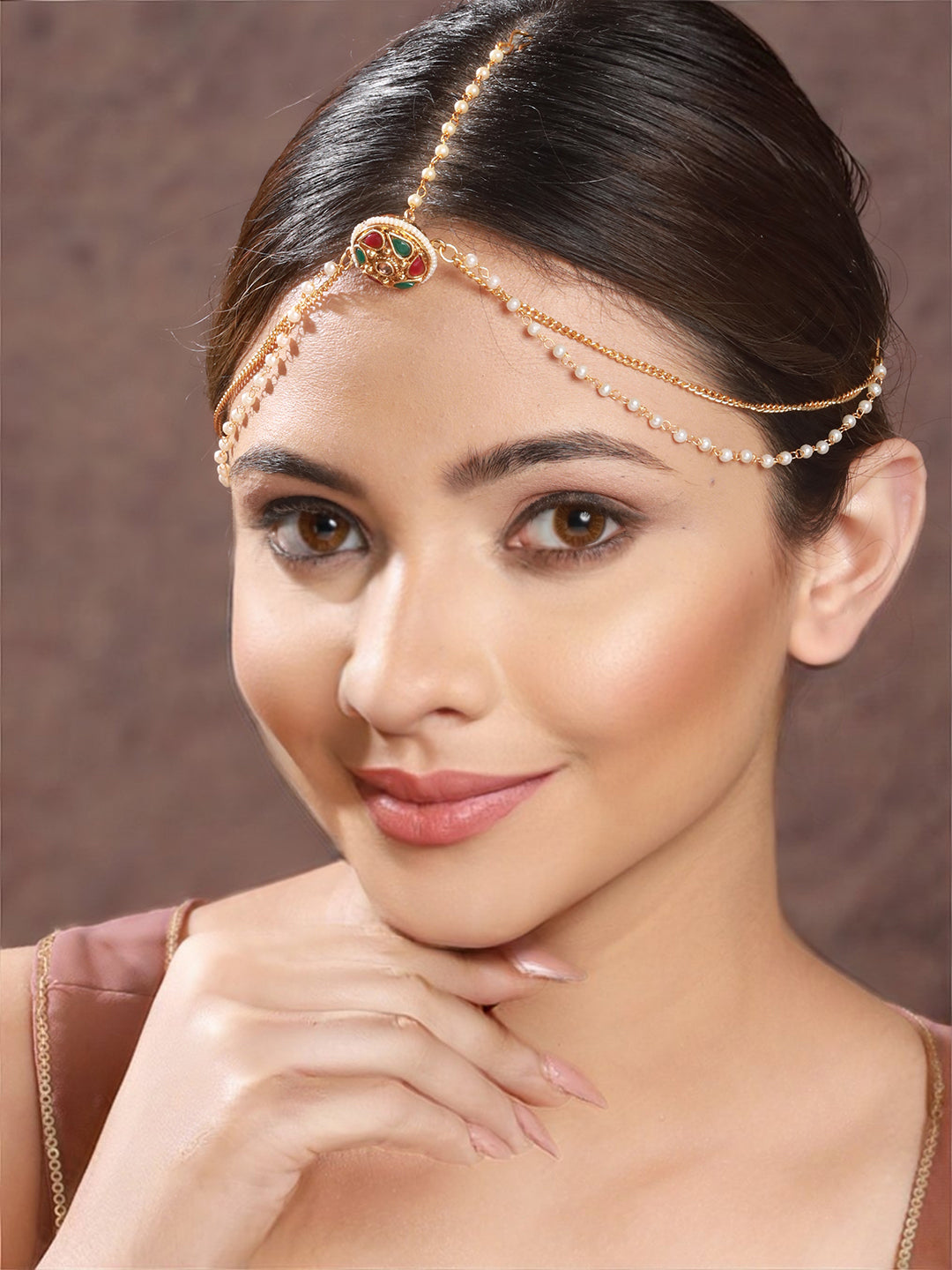 Gold Plated Green Stone Studded Pearl Beaded  Borla Mathapatti